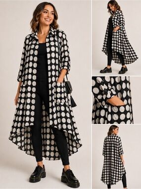Step in Style - Black & White Polka Dot Hi Low Dramatic Duster - SzM